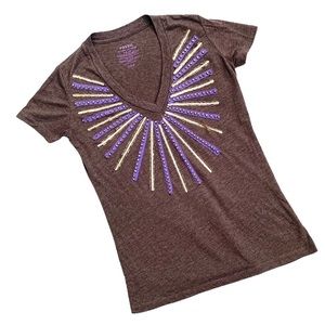 Fossil Brown Embellished V-Neck Tee Medium